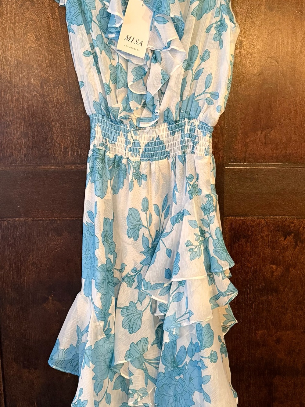 Misa Los Angeles White Dress with Blue Floral Ruffles
